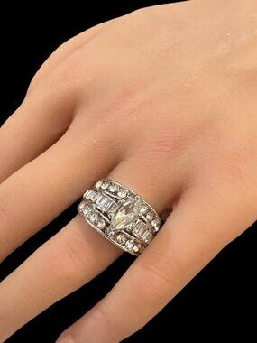 Silver Tone Rhinestone Marquise Cut Statement Ring Size 9